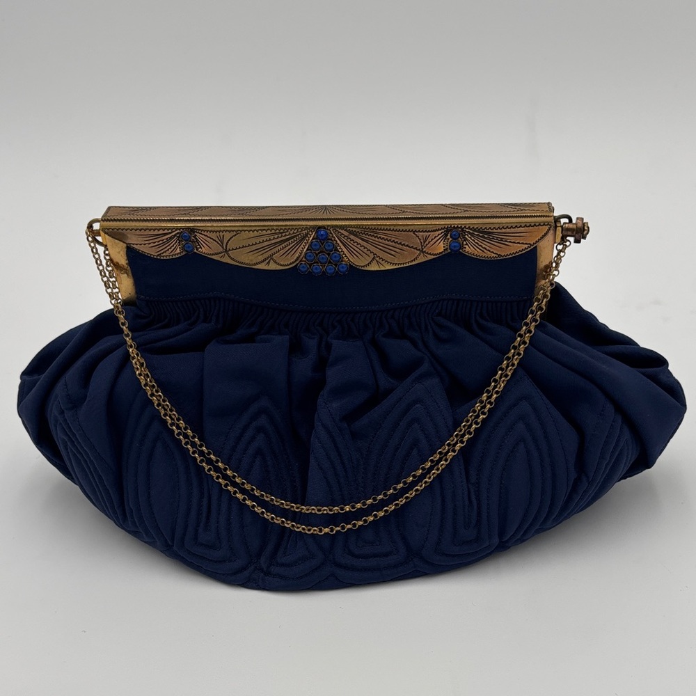 Vintage Early-Mid 1900’s Blue Silk Clutch w/ Brass Accents & Cobalt Glass Stones